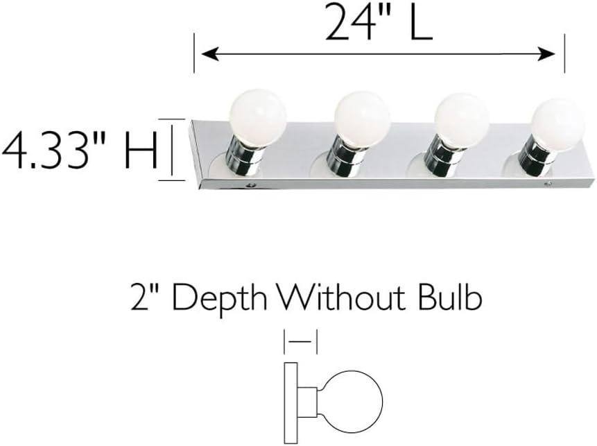 Vanity Lighting, Steel Construction, 4 Vanity Lights, Dimmable, Uses Four 60W Bulbs, Polished Chrome, 24.0 In. W X 4.3 In. H X 2.0 In. D, 500892