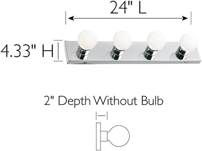 Vanity Lighting, Steel Construction, 4 Vanity Lights, Dimmable, Uses Four 60W Bulbs, Polished Chrome, 24.0 In. W X 4.3 In. H X 2.0 In. D, 500892
