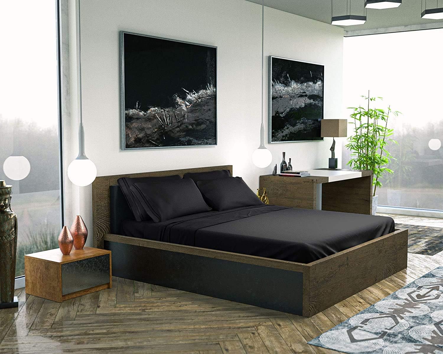 California King Sheet Sets - 6 Pcs Breathable Cooling Bed Sheets - up to 15" Deep California King Sheets with Side Pockets -Extra Soft 100% Brushed Hypoallergenic Hotel Luxury Bedding -Black