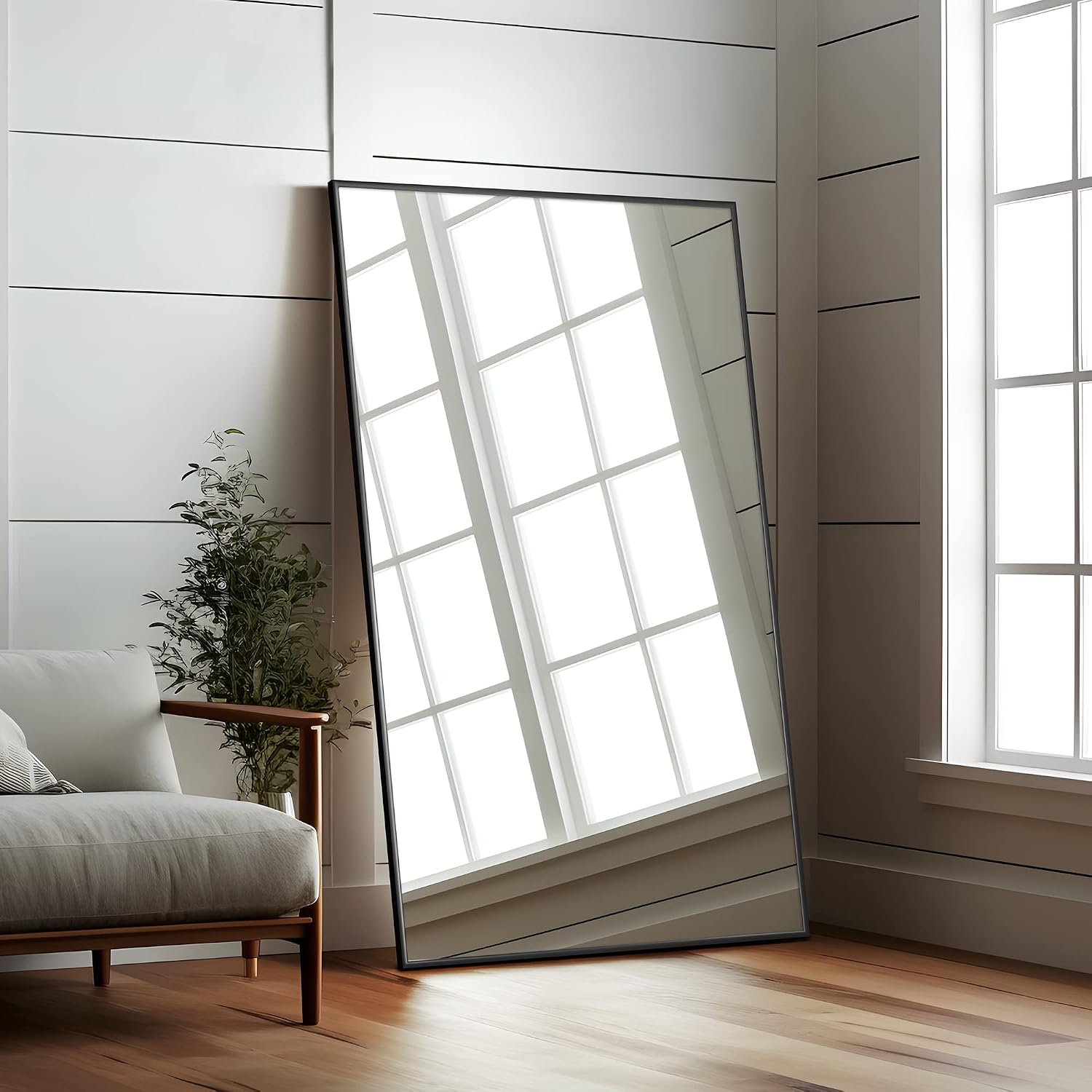 Full Length Mirror Hanging or Leaning against Wall, Large Rectangle Bedroom Mirror Floor Mirror Dressing Mirror Wall-Mounted Mirror, Thin Frame,Black,52"X32",No Stand